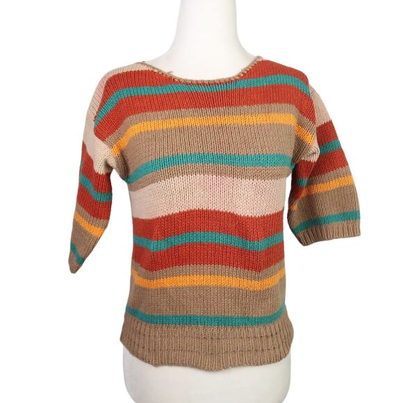 Vintage Sweaters - Vintage 90s tan and rust multicolor stripe knit short sleeve sweater S